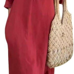 Women's Cotton Linen Maxi Dress Casual V Neck 3/4 Sleeve Side Slit Long Dress